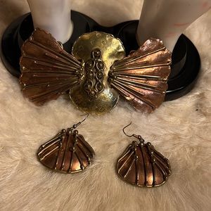 Vintage Handmade Copper. and Brass Belt Buckle and Earring Set